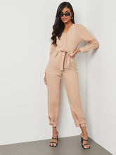 V Neck 3/4 Sleeves Straight Leg Jumpsuit with Placket Detail FD